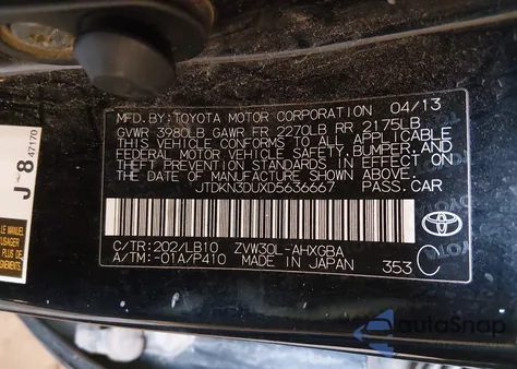 2013 Toyota Prius Four from USA, damaged, VIN JTDKN3DUXD5636667